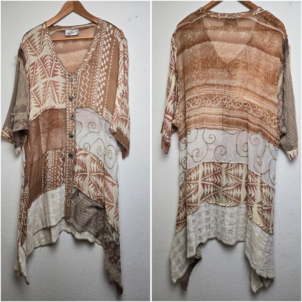 VTG Sterling Styles Button Down Tunic Sheer Textured Patchwork